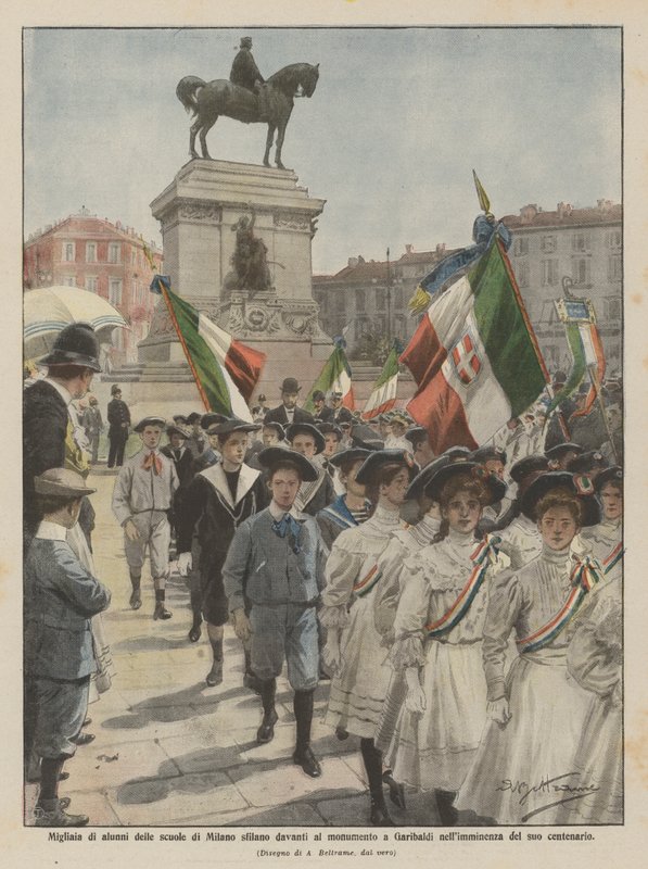 Tusindvis af skolebørn fra Milano marcherer foran Garibaldi-monumentet ved ? af Achille Beltrame