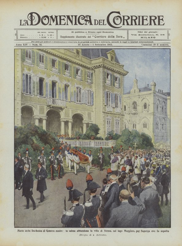 Hertuginden af ​​Genovas mors død, liget forlader villaen Stresa ved Maggiore-søen? af Achille Beltrame