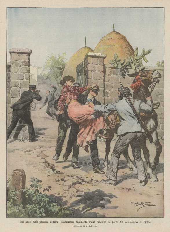 I de brændende lidenskabers land, dramatisk kidnapning af en ung pige af hendes elsker, på Sicilien af Achille Beltrame