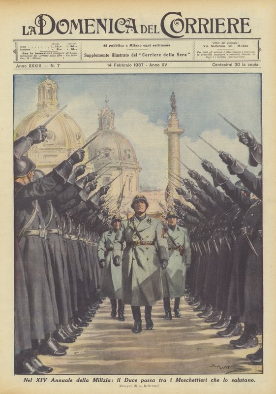 I det 14. årgang for militsen passerer hertugen blandt musketererne, der hilser ham af Achille Beltrame