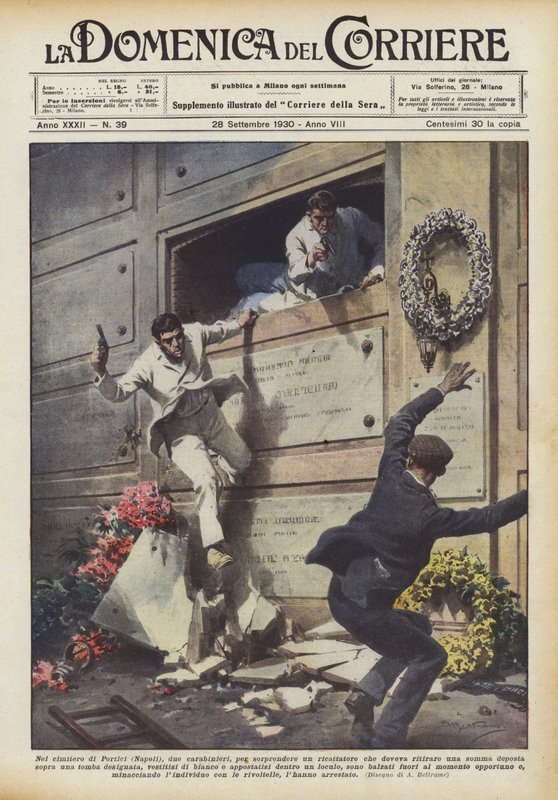På kirkegården i Portici (Napoli), to carabinieri, for at overraske en afpresser, der skulle? af Achille Beltrame