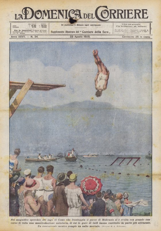 I Comosøens storslåede spejl, der vender ud mod byen Moltrasio, fandt det sted med? af Achille Beltrame