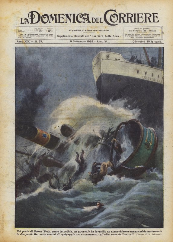 I havnen i New York ramte en damper på grund af tågen en slæbebåd og knækkede den? af Achille Beltrame