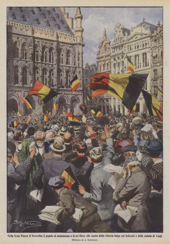 På den store plads i Bruxelles er folk entusiastiske og modløse over nyheden om den belgiske sejr over tyskerne og om Lièges forfald af Achille Beltrame