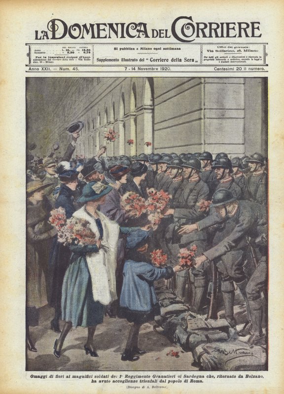 Blomster hyldest til de storslåede soldater fra det 1. sardinske grenaderregiment det? af Achille Beltrame