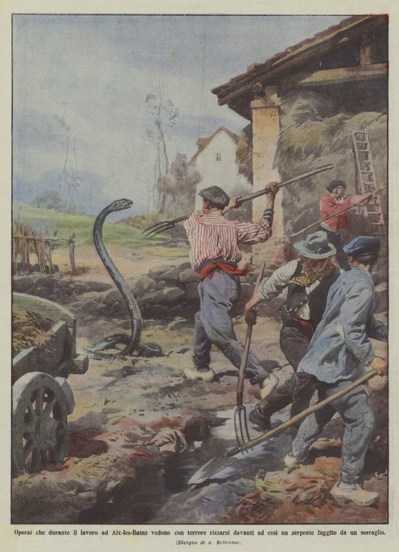 Arbejdstagere, der på deres arbejde i Aix-les-Bains er rædselsslagne over at se deres arbejdsstyrke rejse sig foran dem ? af Achille Beltrame