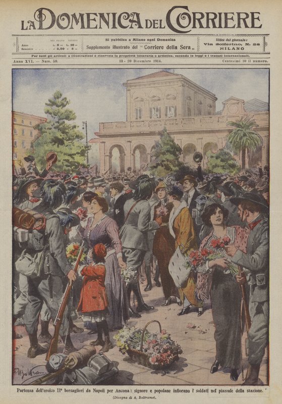 Afgang af den heroiske ll ° bersaglieri fra Napoli til Ancona, mine damer og almindelige blomstrer soldaterne? af Achille Beltrame