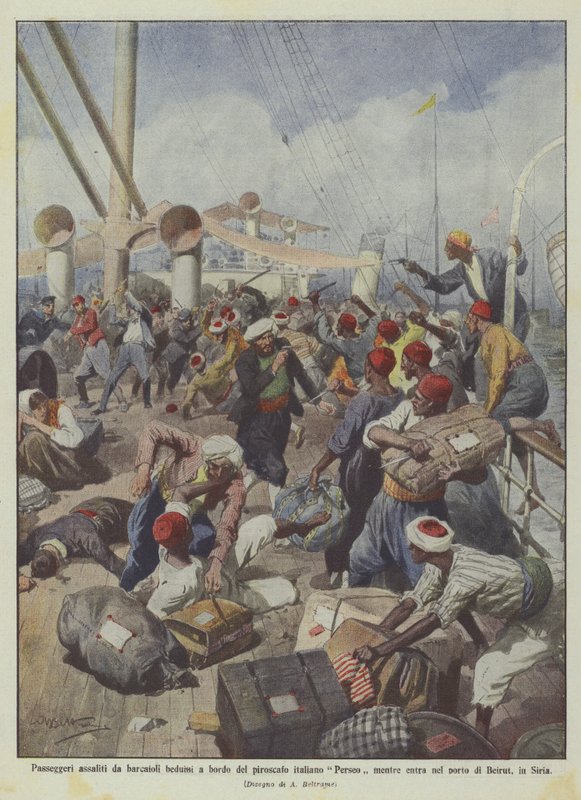 Passagerer angrebet af beduinerbådsmænd om bord på det italienske dampskib Perseo, da det sejler ind i ? af Achille Beltrame