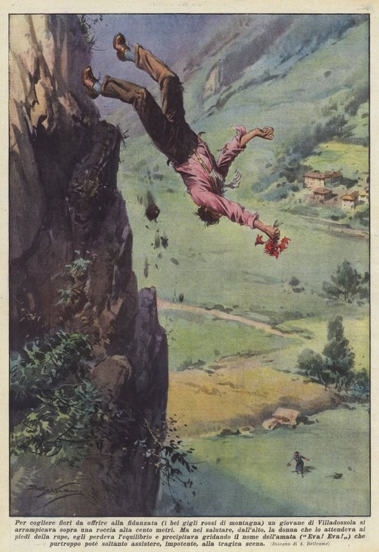 At plukke blomster for at tilbyde sin kæreste (de smukke røde bjergliljer) en ung mand? af Achille Beltrame