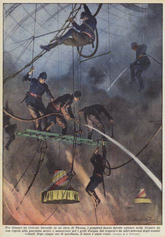 For at slukke en voldsom brand i et Wien-cirkus skulle brandfolkene ind i? af Achille Beltrame