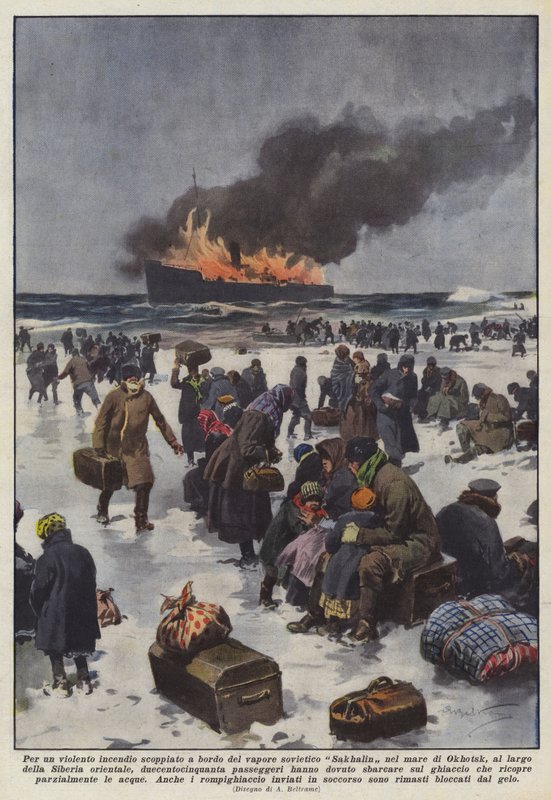 En voldsom brand udbrød om bord på det sovjetiske dampskib Sakhalin i Okhotsk Hav? af Achille Beltrame