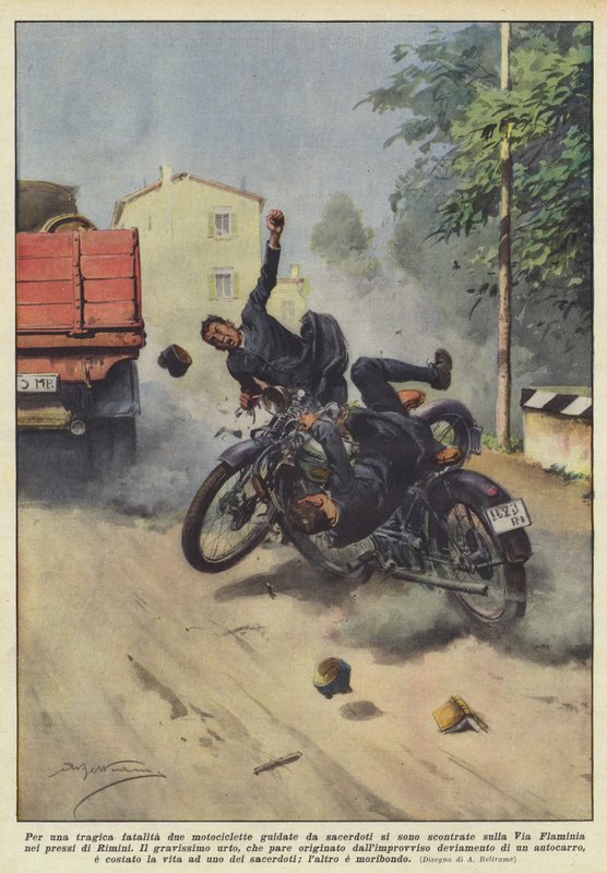 Ved en tragisk skæbne stødte to motorcykler ført af præster sammen på Vejen? af Achille Beltrame