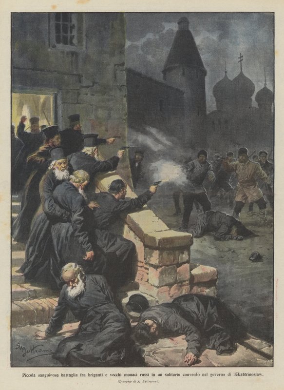 Blodig lille kamp mellem røvere og gamle russiske munke i et ensomt kloster i ? af Achille Beltrame