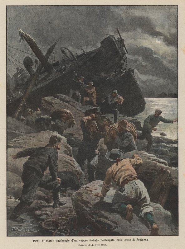 Søpirater, plyndring af et italiensk dampskib, der er forlist på Bretagnes kyst af Achille Beltrame
