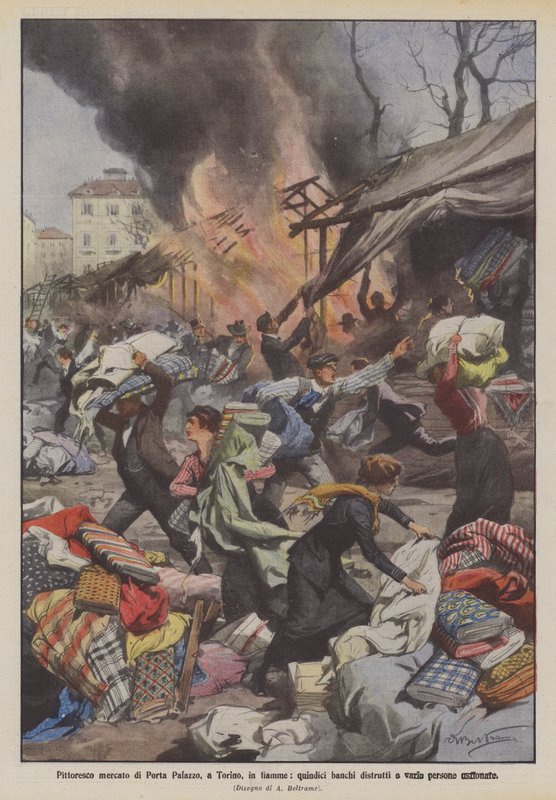 Malerisk marked i Porta Palazzo i Torino, i flammer, femten boder ødelagt og forskellige mennesker smadret af Achille Beltrame