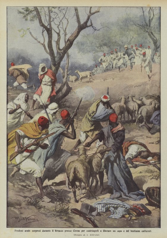 arabiske maraudere overrasket på bivuak i nærheden af Kyrene for at tvinge dem til at frigive en høvding og ? af Achille Beltrame