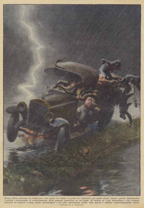 I nærheden af ​​Siena, under en storm, ramte et lyn en lastbil, de var på fuldt ud? af Achille Beltrame