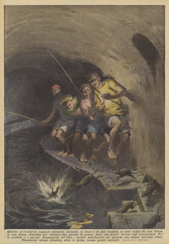 Fire eventyrlystne milanesiske drenge, bevæbnet med fiskesnøre og et stearinlys, nedstammede fra en? af Achille Beltrame
