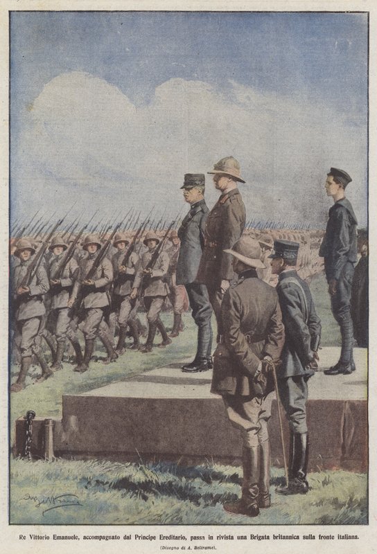 Anmelder kong Vittorio Emanuele, ledsaget af kronprinsen, en brigade? af Achille Beltrame
