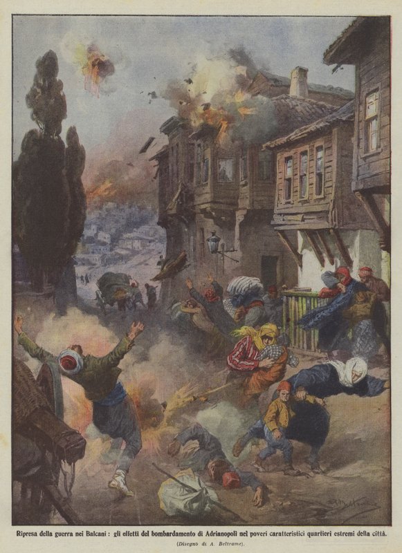 Genoptagelse af krigen på Balkan, virkningerne af bombningen af Adrianopel for de fattige? af Achille Beltrame