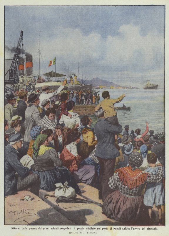 Tilbage fra krigen med de første udskrevne soldater siger de overfyldte mennesker i havnen i Napoli hej? af Achille Beltrame