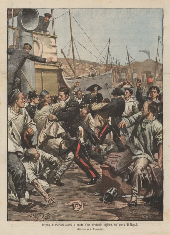 Kinesiske sømænd laver optøjer om bord på et britisk dampskib i havnen i Napoli af Achille Beltrame