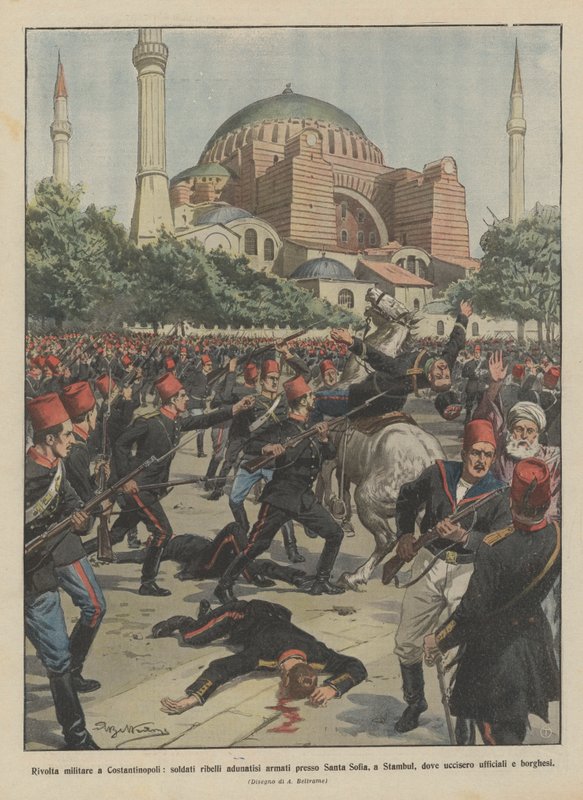Militært oprør i Konstantinopel, oprørssoldater samledes bevæbnet nær Sankt Sophia, i Stambul ? af Achille Beltrame