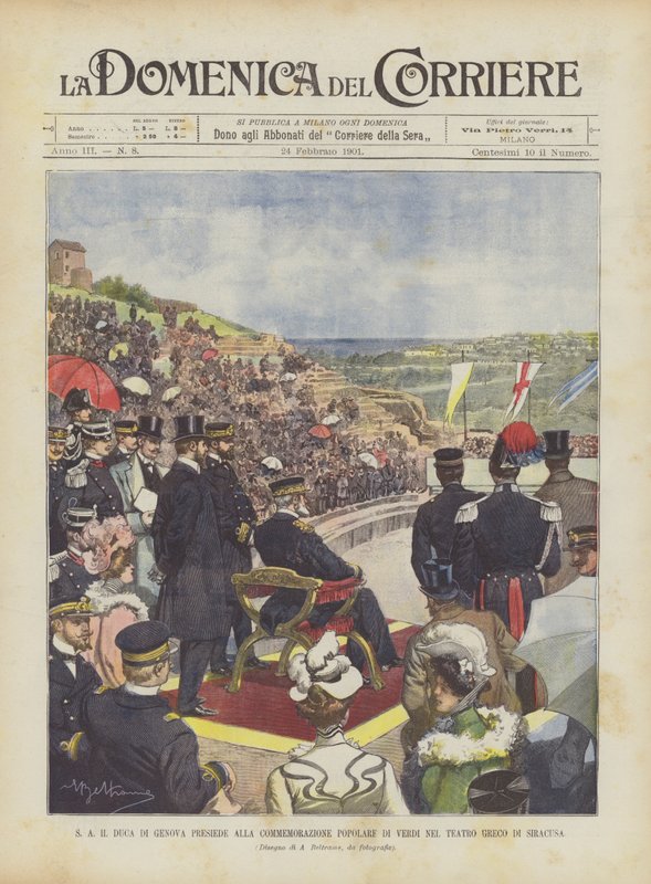 SA Hertugen af Genova forestår den populære Verdi-ceremoni i det græske teater i Syrakus af Achille Beltrame