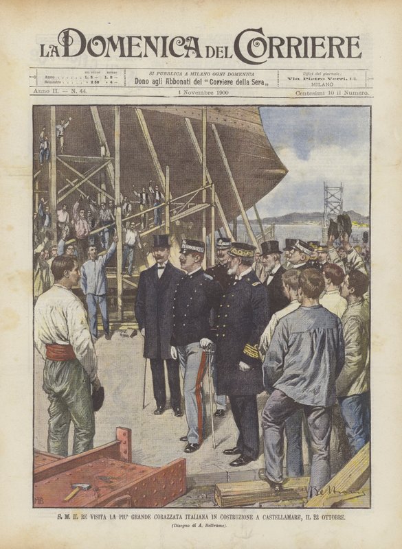 S M Il Re besøger det største italienske slagskib under konstruktion i Castellamare den 23. oktober af Achille Beltrame