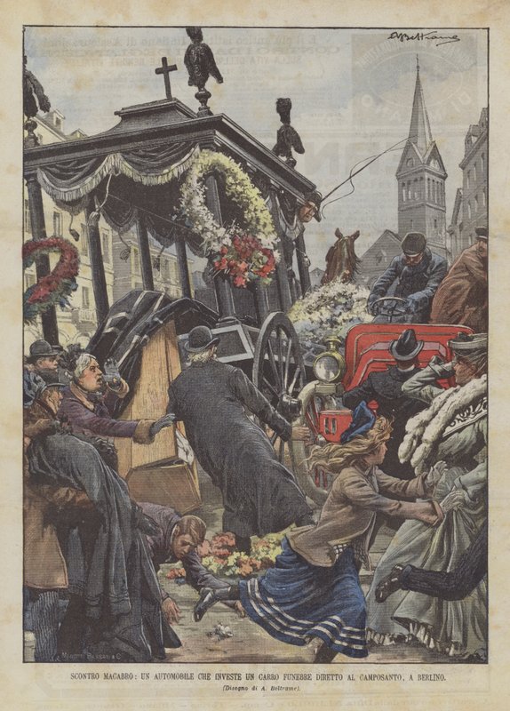 Macabre Clash, en bil, der invaderer en ligvogn, på vej til kirkegården i Berlin af Achille Beltrame