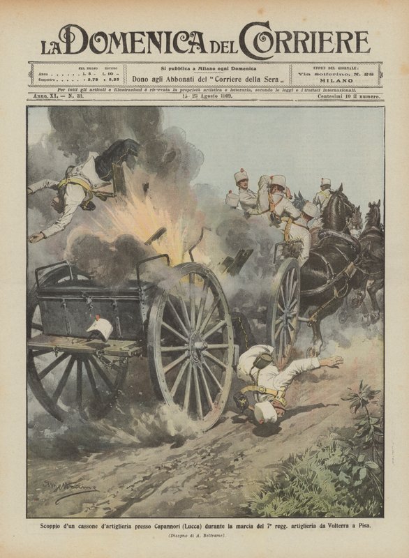 Eksplosion af en artilleribeholder i nærheden af Capannori (Lucca) under 7. regiments march. af Achille Beltrame