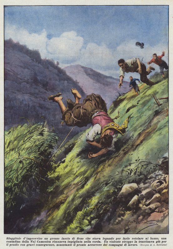 Undslap hende pludselig et stort bundt hø, som hun bandt for at rulle det ned? af Achille Beltrame