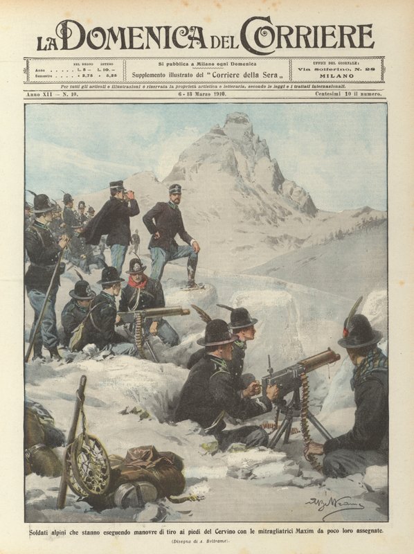 Alpesoldater, der udfører skydemanøvrer med maskingeværer ved foden af Matterhorn? af Achille Beltrame