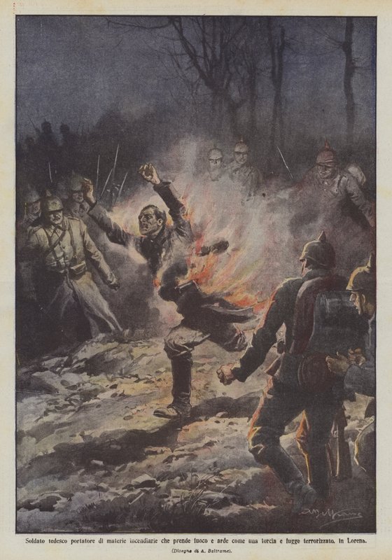 Tysk soldat, der bærer brændende materialer, der antændes og brænder som en fakkel og flygter? af Achille Beltrame