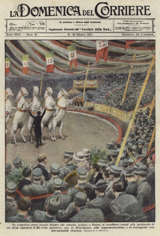 Soldater ser optrædende heste ved et cirkus i Torino af Achille Beltrame