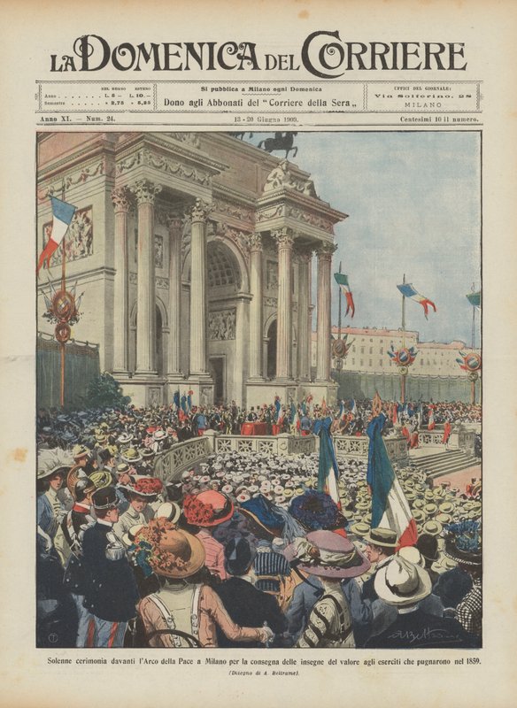 Højtidelig ceremoni foran fredsbuen i Milano i forbindelse med overrækkelsen af tapperhedsmærket til ? af Achille Beltrame