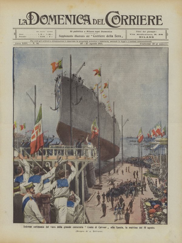 Højtidelig ceremoni i forbindelse med søsætningen af det store slagskib Conte di Cavour i La Spezia om morgenen den 10. august af Achille Beltrame