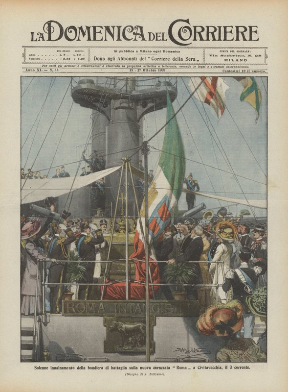 Højtidelig hejsning af slagflaget på det nye slagskib Roma i Civitavecchia den 3. oktober af Achille Beltrame