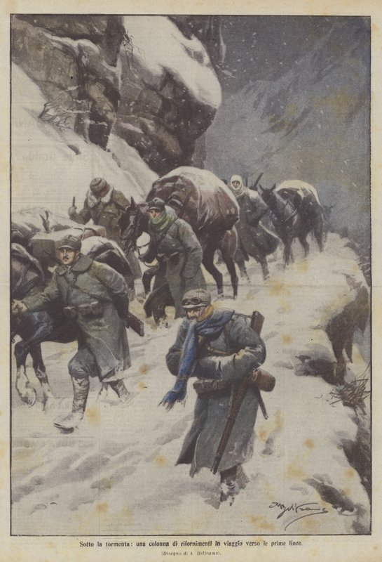 Under snestormen er en kolonne af forsyninger på vej til frontlinjerne af Achille Beltrame