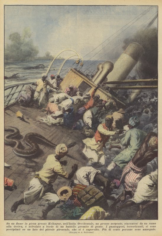 På en rivende flod nær Kolhapur, Vestindien, brød en stor slange af? af Achille Beltrame