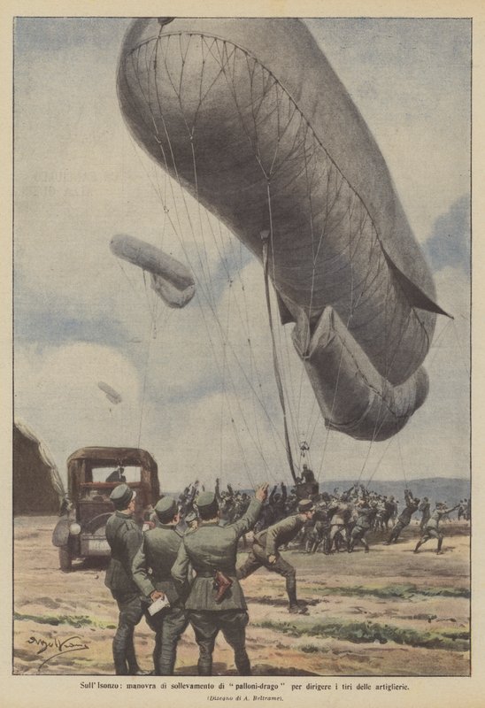 På Isonzo, løftemanøvre for en drageballon for at dirigere artilleriilden af Achille Beltrame