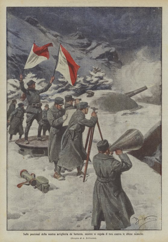 På positionerne af vores fæstningsartilleri, mens du justerer ilden mod fjendens forsvar af Achille Beltrame