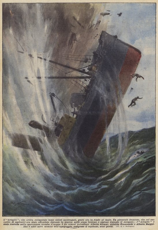 Kloen, som havde fundet så mange skibbrudne skatte, ligger nu på bunden af havet (farve litho) af Achille Beltrame