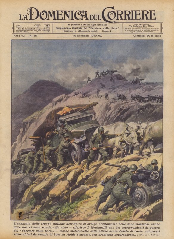 Fremrykningen af italienske tropper i Epirus finder dristigt sted i bjergrige områder, selv hvor der ikke er veje (farve litho) af Achille Beltrame