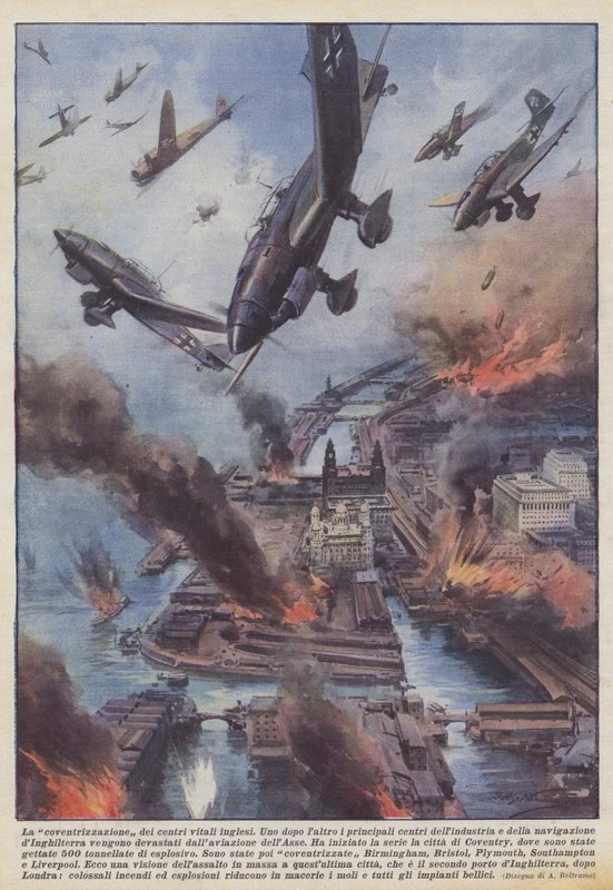 Koventriseringen af engelske vitale centre (farve litho) af Achille Beltrame