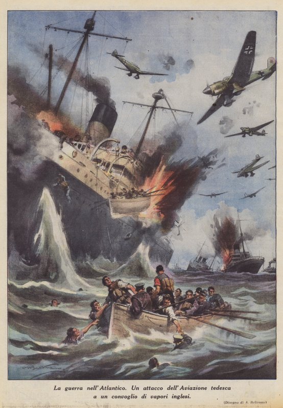 Krigen i Atlanterhavet (farve litho) af Achille Beltrame