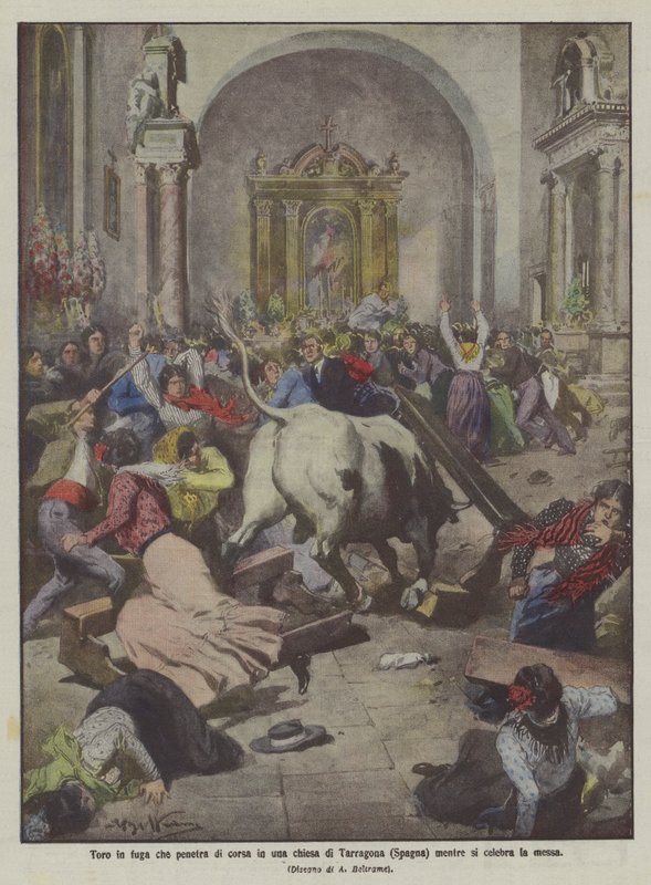 Løbende tyr løber ind i en kirke i Tarragona (Spanien), mens der fejres messe af Achille Beltrame