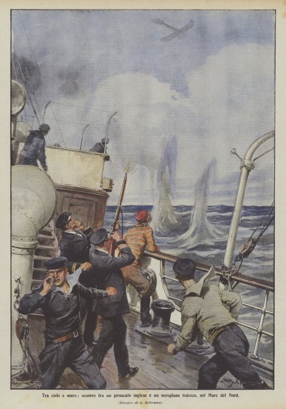 Mellem himmel og hav, en kollision mellem en engelsk damper og et tysk fly, i Nordsøen af Achille Beltrame
