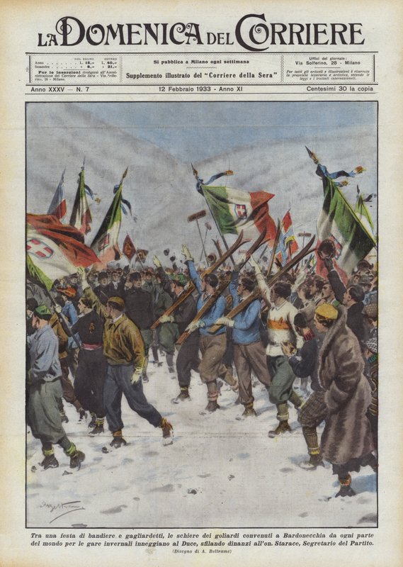 Mellem et parti af flag og vimpler samledes rækken af ​​goliarderne i Bardonecchia fra hele verden? af Achille Beltrame