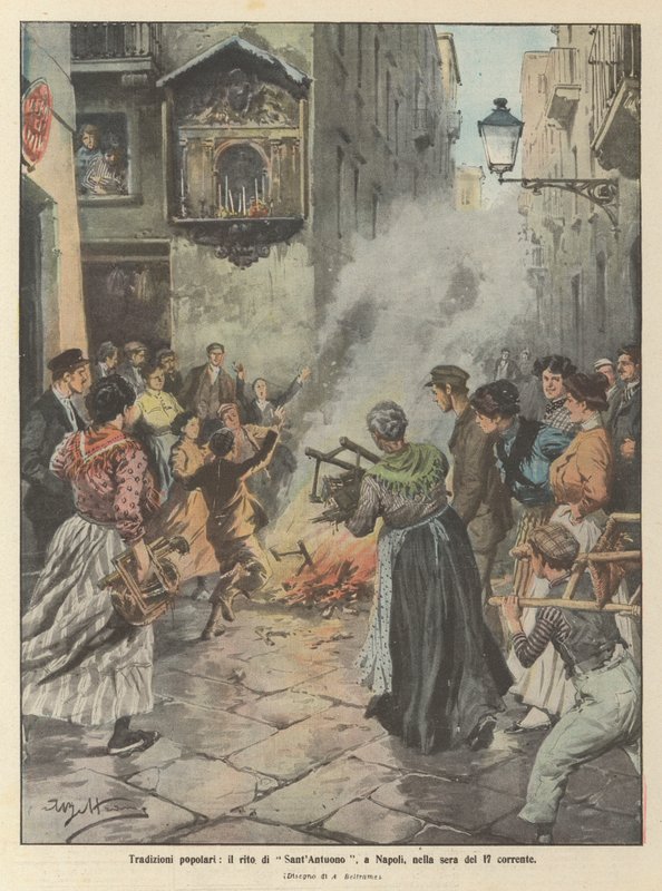 Populære traditioner, ritualet af SantAntuono, i Napoli, om aftenen den 17 nuværende af Achille Beltrame